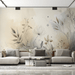 Floral wallpaper with beige and blue watercolor tones featuring wildflowers and herbs - Carving wallpaper