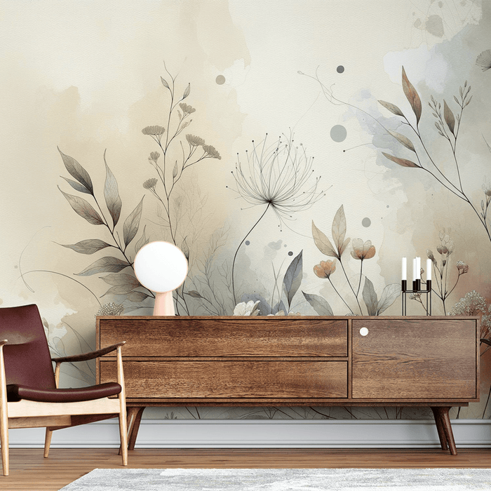 Floral wallpaper with beige and blue watercolor tones featuring wildflowers and herbs - Carving wallpaper