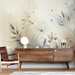 Floral wallpaper with beige and blue watercolor tones featuring wildflowers and herbs - Carving wallpaper