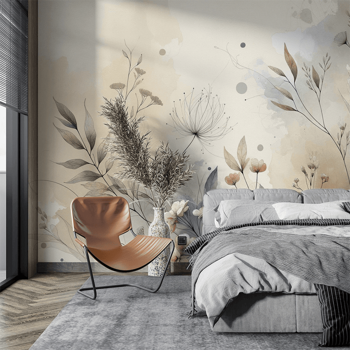 Floral wallpaper with beige and blue watercolor tones featuring wildflowers and herbs - Carving wallpaper