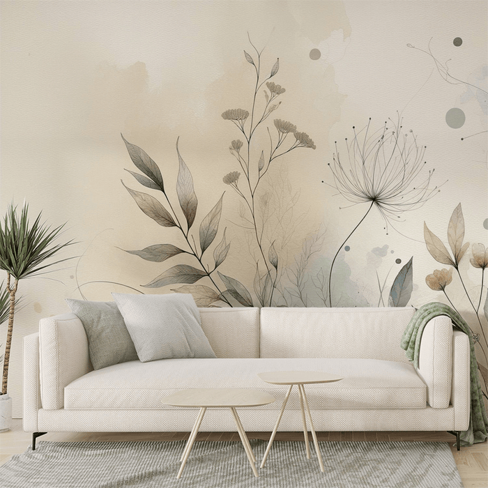 Floral wallpaper with beige and blue watercolor tones featuring wildflowers and herbs - Carving wallpaper