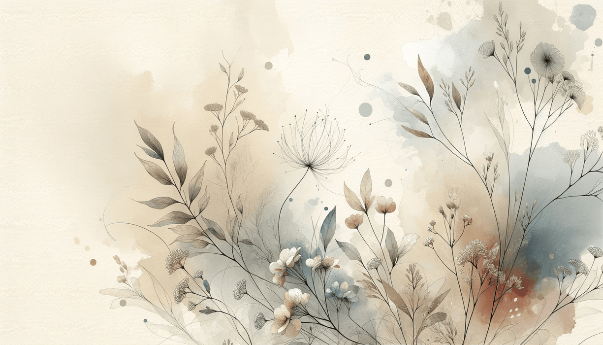 Floral wallpaper with beige and blue watercolor tones featuring wildflowers and herbs - Carving wallpaper