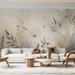 Floral wallpaper with beige and blue watercolor tones featuring wildflowers and herbs - Carving wallpaper