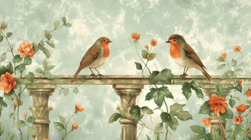 Flower and bird themed wallpaper mural | European vine flowers - Carving wallpaper