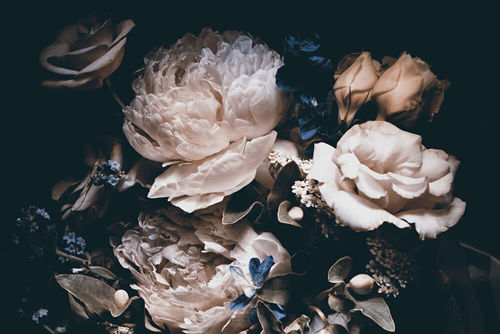 Flower art wallpaper mural | Dark style wall decoration - high-end vintage bouquet oil painting-inspired floral art wallpaper for dramatic wall decor