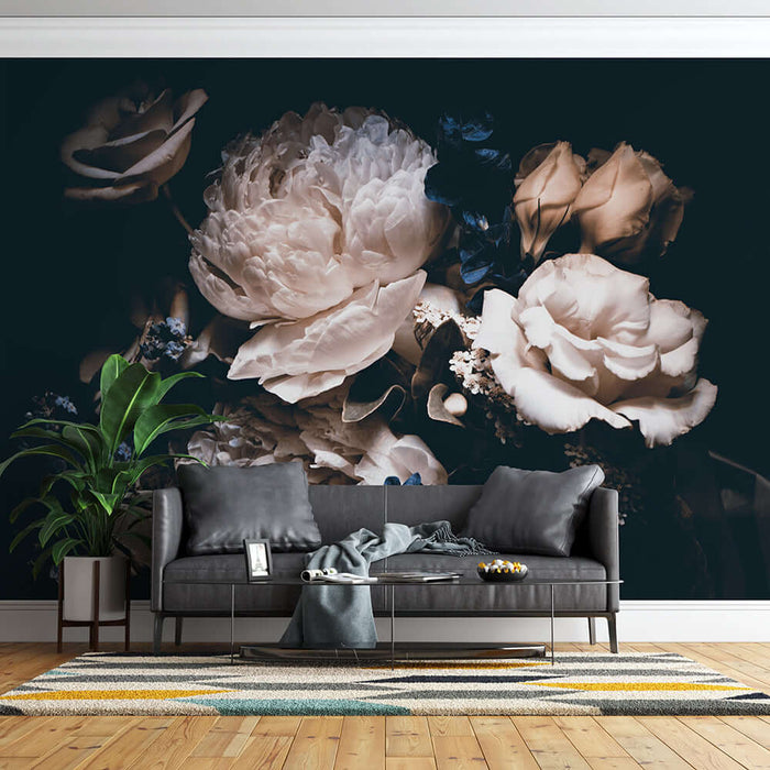 Flower art wallpaper mural | Dark style wall decoration features a luxurious vintage bouquet dark-toned floral wallpaper with oil painting textures for an art gallery mood