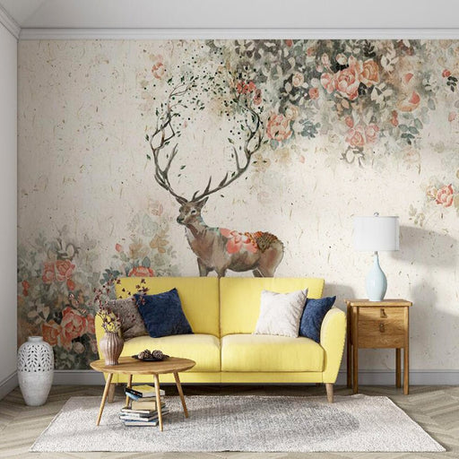 Flower Elk Wallpaper Mural | Natural Wind Mural Combining Flower Elk - Carving wallpaper