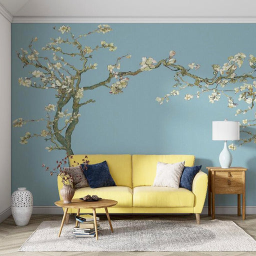 Flower mural wallpaper | Blue background with white flowers, simple and fresh style flower mural - Carving wallpaper