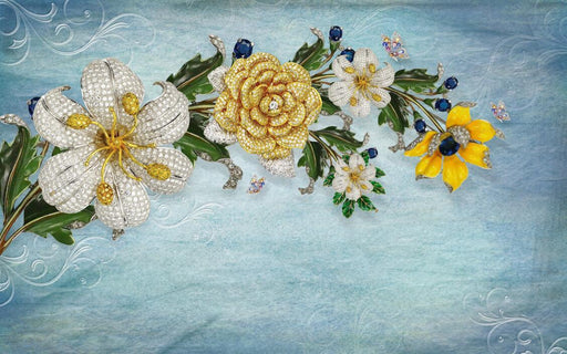 Flower wallpaper mural | Blue background with diamond inlaid flowers - Carving wallpaper