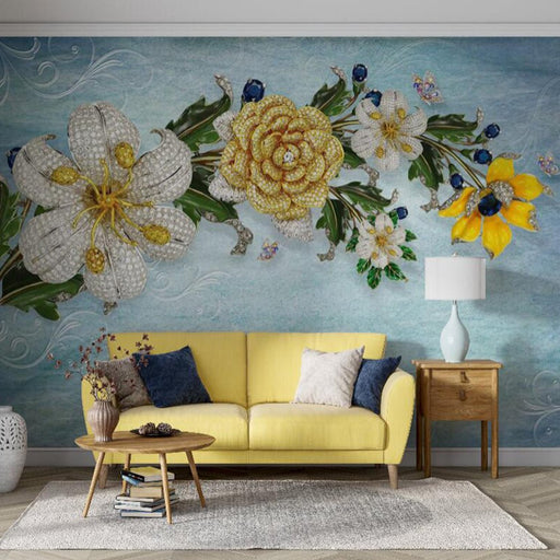 Flower wallpaper mural | Blue background with diamond inlaid flowers - Carving wallpaper