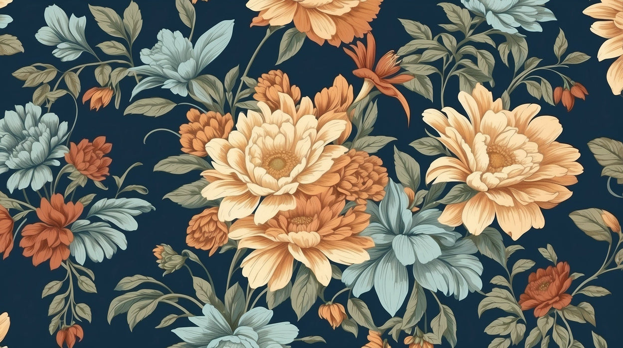 Flower wallpaper mural | Deep blue background - Carving wallpaper