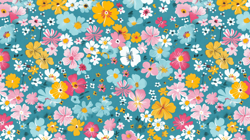 Flower wallpaper mural | Multi colored small flowers on a blue background - Carving wallpaper