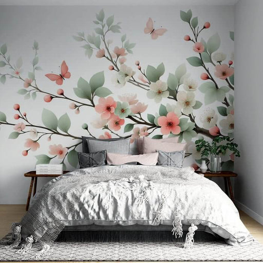 Flower Wallpaper Mural | White Flower Butterfly - serene bedroom mural with pink and white blossoms, green foliage, and delicate butterflies