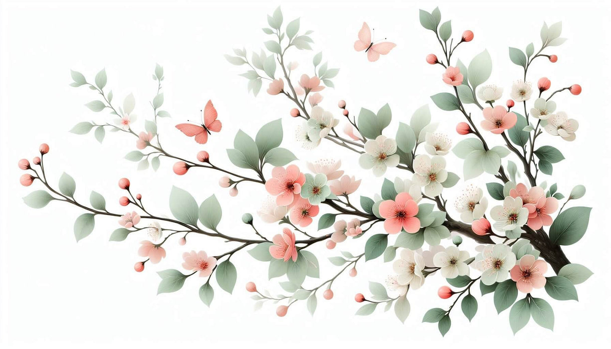 Flower Wallpaper Mural | White Flower Butterfly - serene garden blossoms with pink and white florals, green foliage and butterflies
