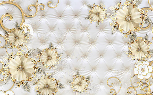 Flower wallpaper mural | White soft bag with gold flowers - Carving wallpaper