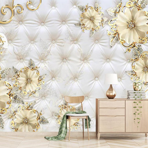 Flower wallpaper mural | White soft bag with gold flowers - Carving wallpaper