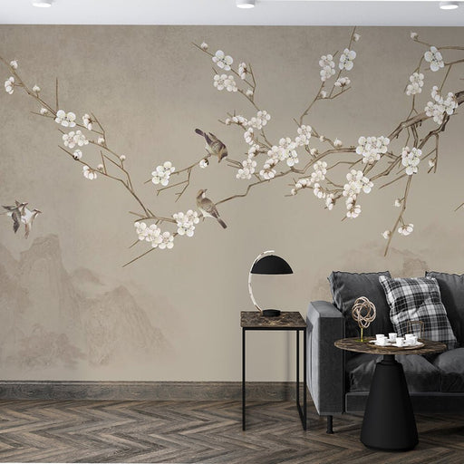 Flowers and birds wallpaper mural | white plum blossoms - Carving wallpaper
