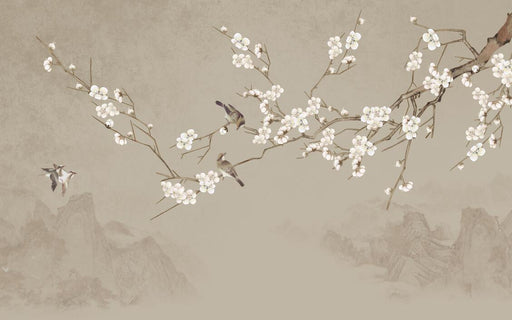 Flowers and birds wallpaper mural | white plum blossoms - Carving wallpaper