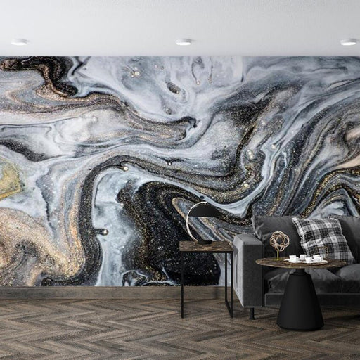 Flowing sand wallpaper mural | Fluid art style mural blending gray, black, and gold - Carving wallpaper