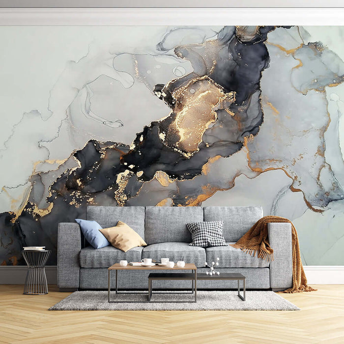 Fluid Art Wallpaper Mural | Creative Fluid Design - Luxurious black gold fluid art mural on gray ink base, abstract wall design ideal for high-end spaces