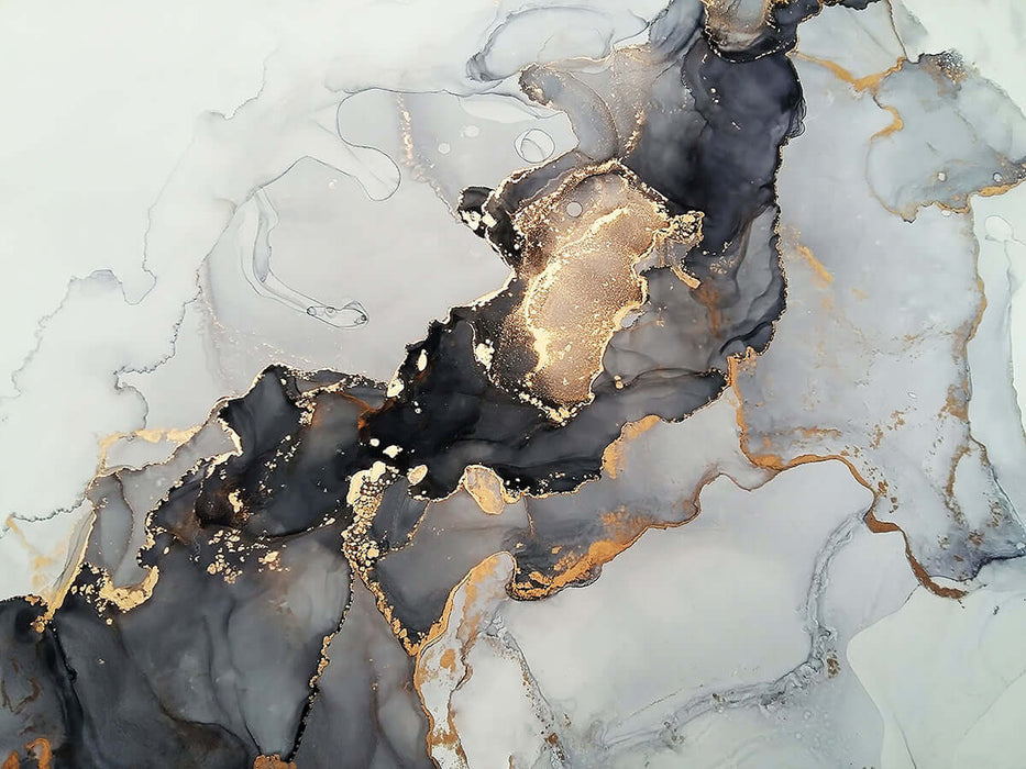 Fluid Art Wallpaper Mural | Creative Fluid Design featuring black gold fluid on gray ink base with shimmering gold foil for a luxurious high-end space