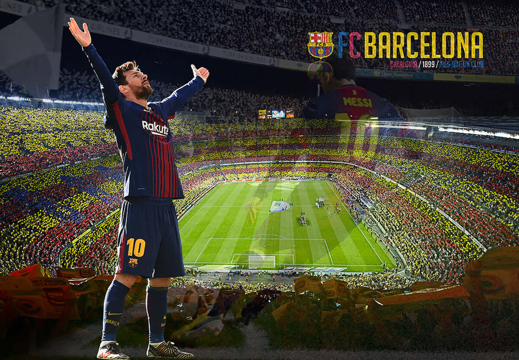 Football style wallpaper mural | Fan living room decoration painting – Barcelona Messi wallpaper featuring Camp Nou stadium with Messi celebration, FC Barcelona branding and passionate football atmosphere