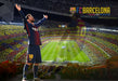 Football style wallpaper mural | Fan living room decoration painting – Barcelona Messi wallpaper featuring Camp Nou stadium with Messi celebration, FC Barcelona branding and passionate football atmosphere