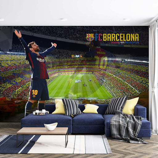 Football style wallpaper mural | Fan living room decoration painting featuring Messi celebration at Camp Nou, FC Barcelona stadium scene