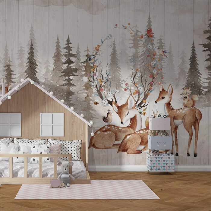 Forest Animal Mural Wallpaper | Little Deer, Squirrel, Little Bird, Children - Carving wallpaper