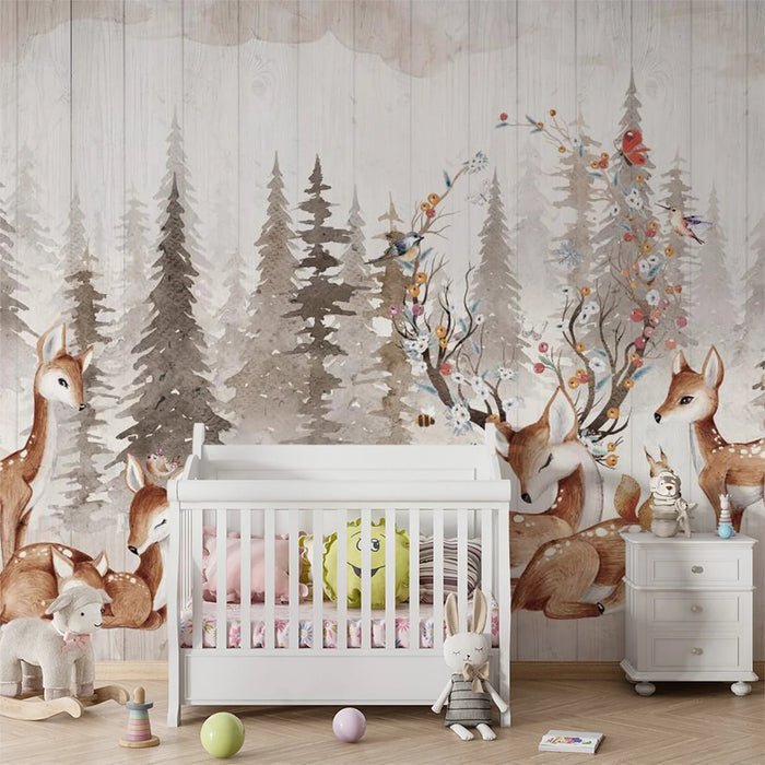 Forest Animal Mural Wallpaper | Little Deer, Squirrel, Little Bird, Children - Carving wallpaper