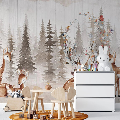 Forest Animal Mural Wallpaper | Little Deer, Squirrel, Little Bird, Children - Carving wallpaper