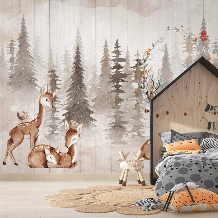 Forest Animal Mural Wallpaper | Little Deer, Squirrel, Little Bird, Children - Carving wallpaper