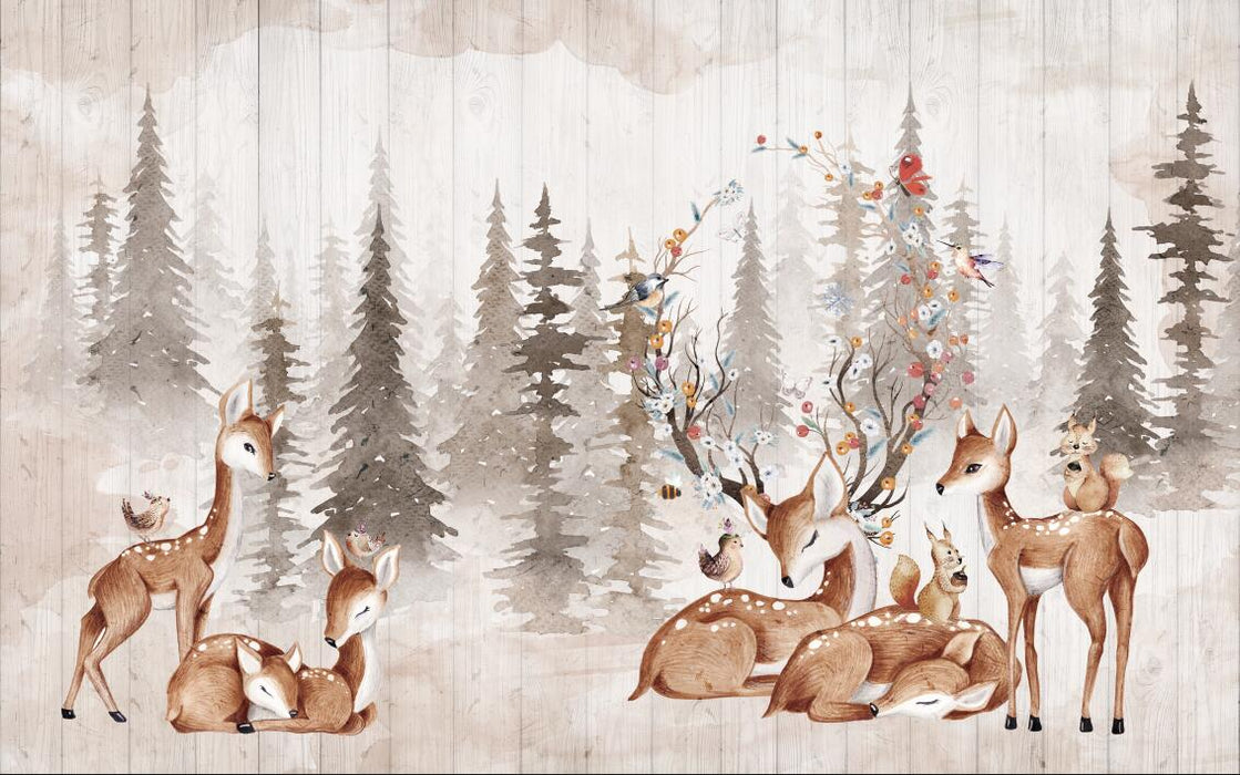 Forest Animal Mural Wallpaper | Little Deer, Squirrel, Little Bird, Children - Carving wallpaper