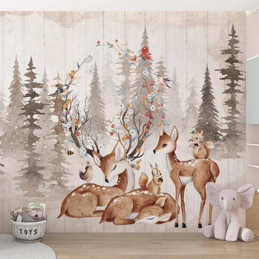 Forest Animal Mural Wallpaper | Little Deer, Squirrel, Little Bird, Children - Carving wallpaper
