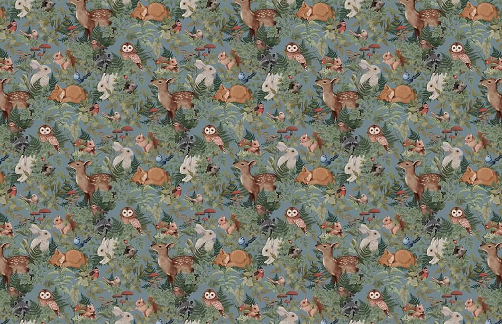 Forest animal wallpaper mural featuring deer, rabbits, and owls on a blue background with greenery.