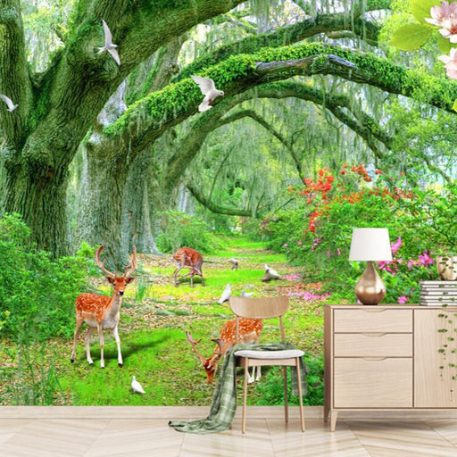 Forest Animal Wallpaper Mural | Green Forest Deer and Dove - Carving wallpaper