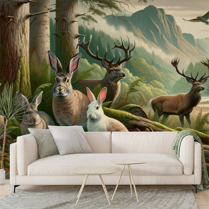 Forest Animal Wallpaper Mural | Hare, Elk, Squirrel - Carving wallpaper