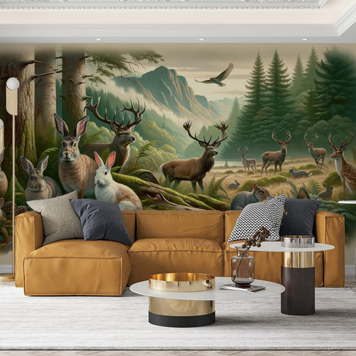 Forest Animal Wallpaper Mural | Hare, Elk, Squirrel - Carving wallpaper
