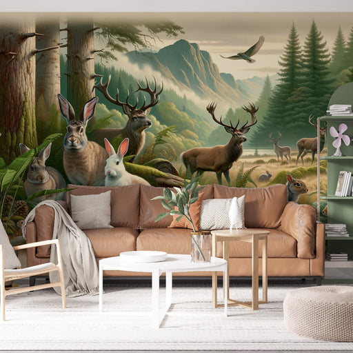 Forest Animal Wallpaper Mural | Hare, Elk, Squirrel - Carving wallpaper
