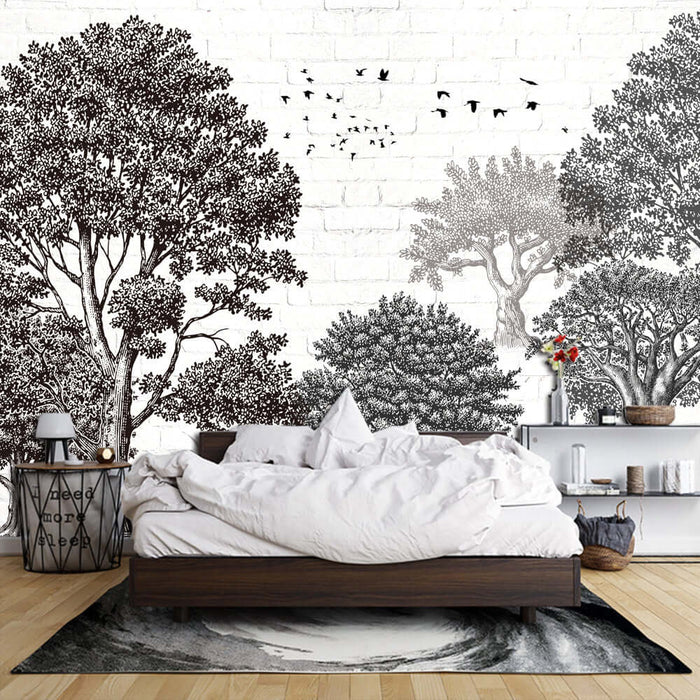Forest Art Dream Wallpaper Mural | Black & White Tree Line & Bird Design for Study & Living Room