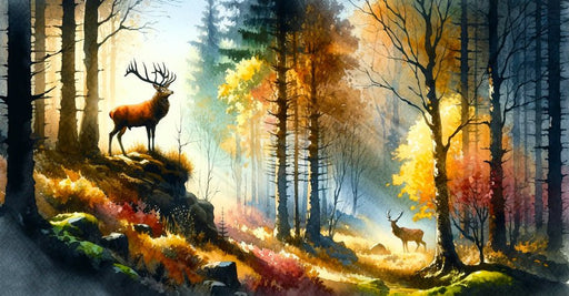 Forest Deer Shadow Wallpaper Mural | Autumn Colored Watercolor Painting - Carving wallpaper
