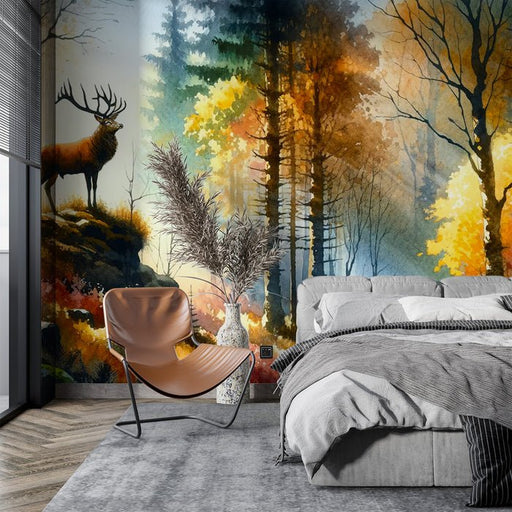 Forest Deer Shadow Wallpaper Mural | Autumn Colored Watercolor Painting - Carving wallpaper