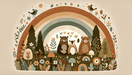 Forest Friends Rainbow Wall Mural – Healing Nature-Themed Kids Room Decoration with whimsical bears, foxes, and forest Animals in a vintage rainbow scene