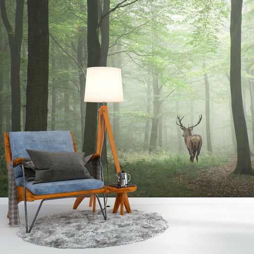 Forest Mist Wallpaper Mural | Deer Strolling in the Woods - Carving wallpaper