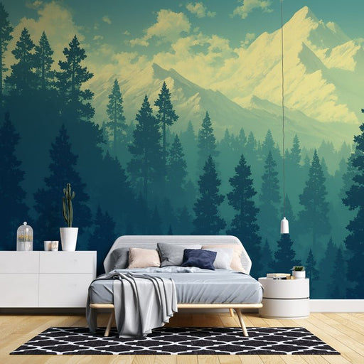 Forest Scenery Wallpaper Mural | Light Blue Tone Forest - Carving wallpaper