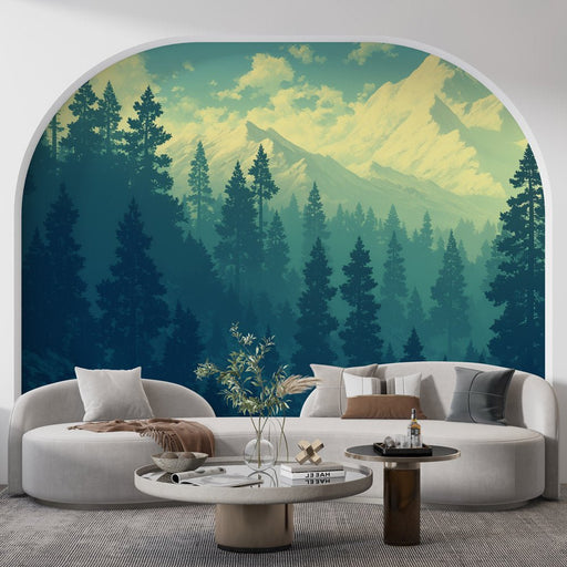 Forest Scenery Wallpaper Mural | Light Blue Tone Forest - Carving wallpaper