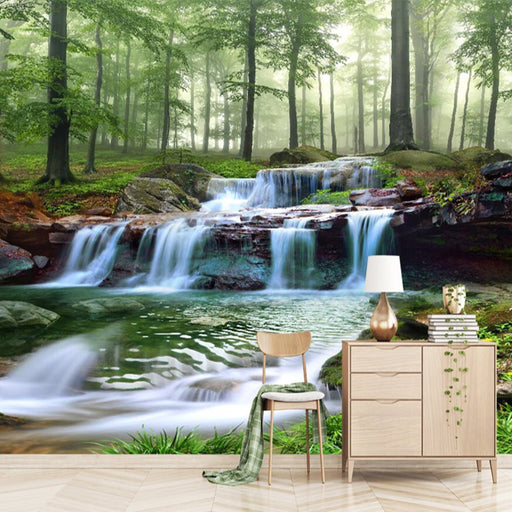 Forest stream theme wallpaper mural | surrounded by green trees to show the natural quiet - Carving wallpaper