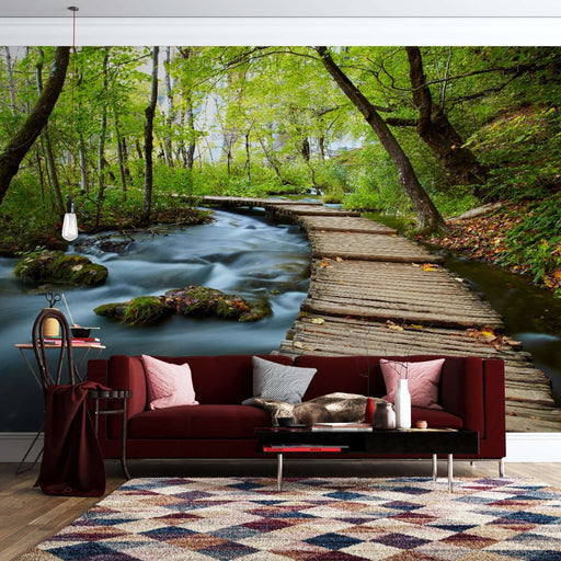 Forest Stream & Wooden Bridge Wallpaper Mural – Serene Nature Escape for Home Decor
