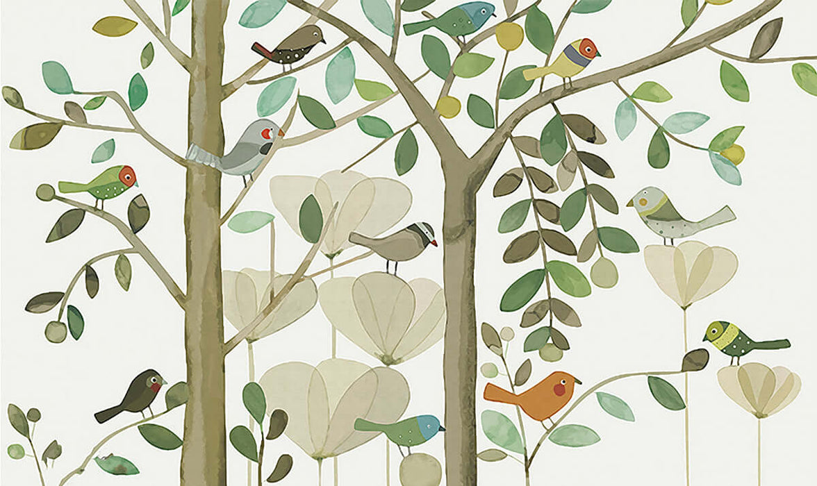 Forest style flower and bird wallpaper | Children's room fresh decorative wall