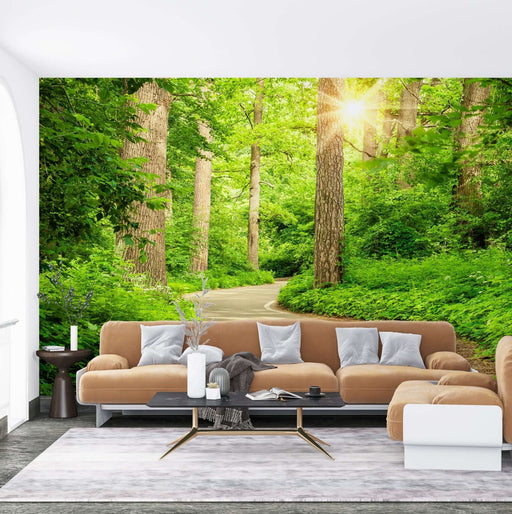 Forest Sunlight Trail Mural Wallpaper - Serene Nature Décor for Living Room & Bedroom